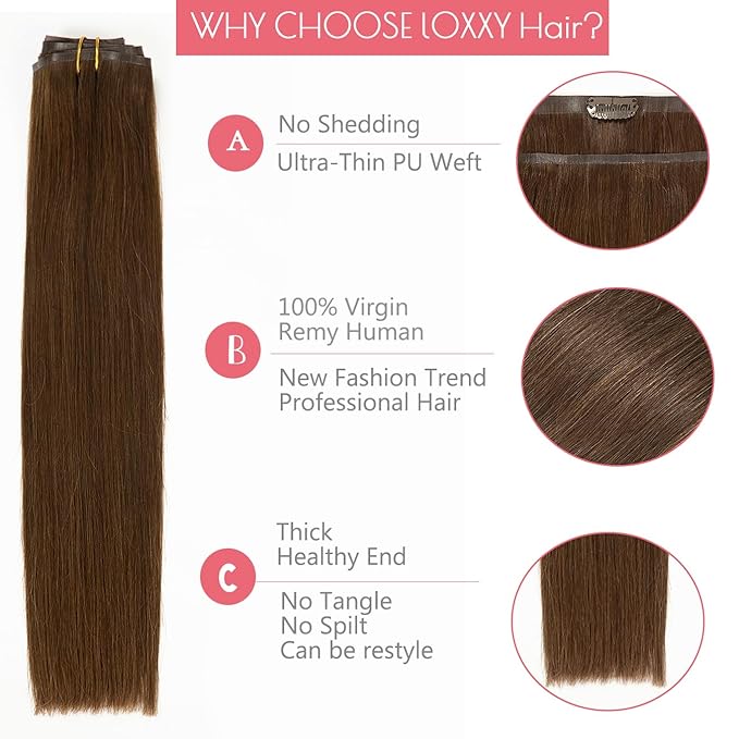 Loxxy Seamless Clip in Hair Extensions Remy Human Hair Chocolate Brown Inviisble PU Hair Extensions Clip in Human Hair Double Weft Silky Straight Thich End #4 7 Pieces 110g 14inch