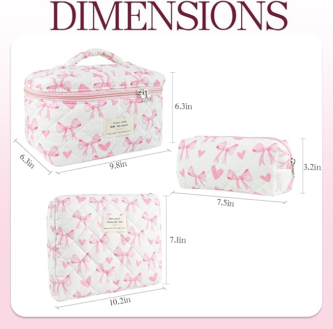 3Pcs Quilted Makeup Bag, Cute Floral Cotton Cosmetic Bag set, Coquette Bow Makeup Pouch Large Travel Toiletry Bag