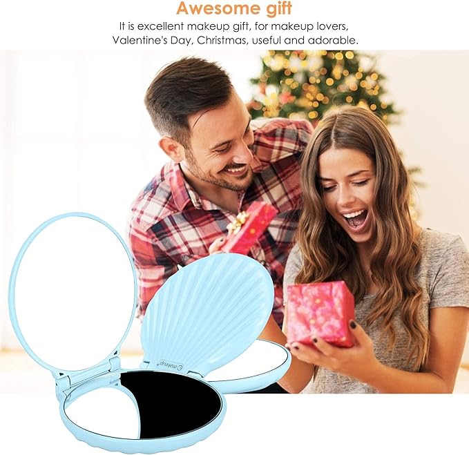 Compact Mirror, Travel Makeup Mirror, Mini Mirror for Purse, Handbag, 2-Sided 1X/2X Magnification Pocket Mirror, 3.5 inch Small Folding Portable Handheld Mirror (Round, No Light, Blue)