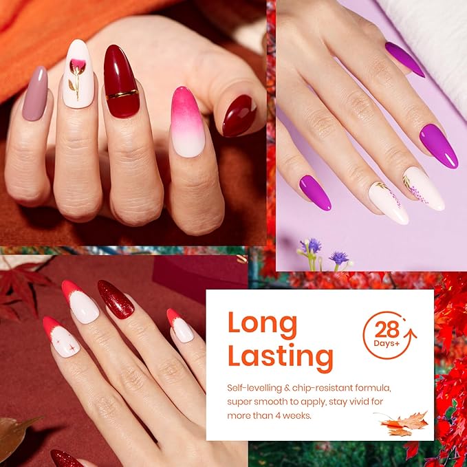 Beetles Gel Polish Nail Set 20 Pcs Fall Winter Colors Orange Red Navy Blue Glitter Fall Yard Collection Soak Off LED UV with Gel Base and Top Coat Nail Art Manicure Gift for Girls Women