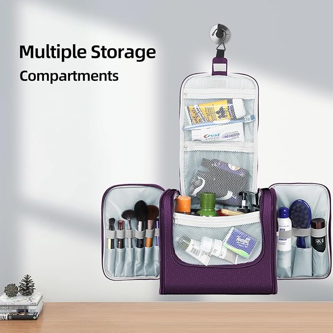 Buruis Extra Large Capacity Toiletry Bag for Women and Men, Hanging Toiletry Organizer Cosmetics Makeup Bag, Water-resistant Dopp Kit for Full Sized Toiletries, Travel Essentials (Purple)