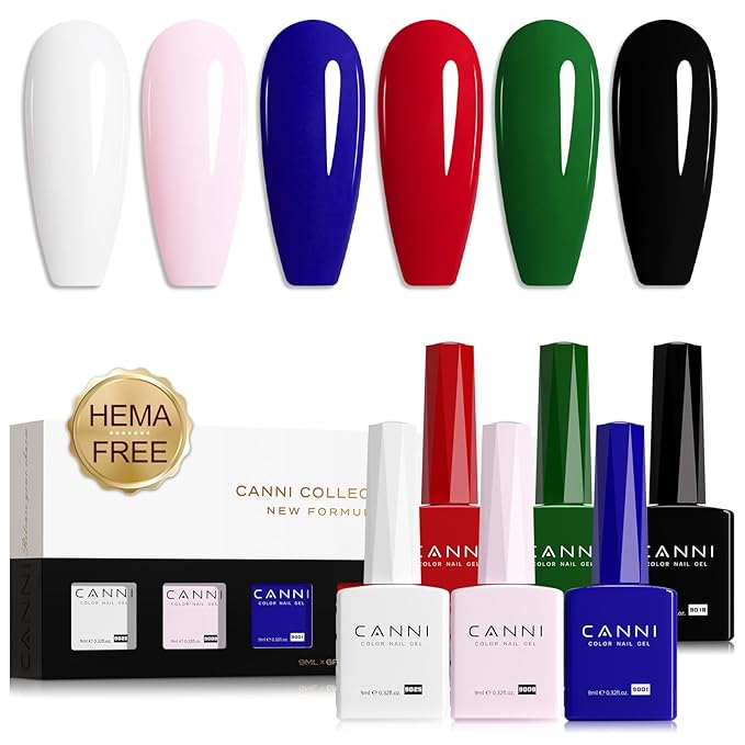 CANNI Gel Nail Polish Set 6 Colors, White Pink Blue Red Green Black Magenta Tones Craze Nail Art Design at Home DIY Soak off UV LED Manicure French Nail Salon