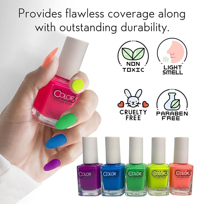Color Club Neon Nail Lacquer Set - 6 Vibrant Shades for Salon-Quality Manicures and Art