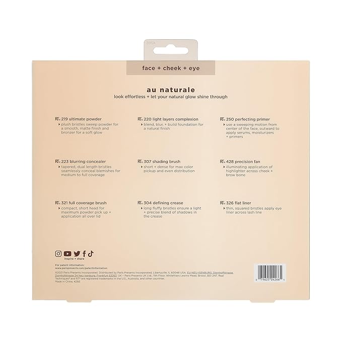 Real Techniques 9 Piece Au Naturale Makeup Brush Set, For Liquid, Cream, & Powder Eyeshadow, Foundation, Blush, Bronzer & Contour, Travel Friendly Brushes, Gift Set, Cruelty-Free Bristles