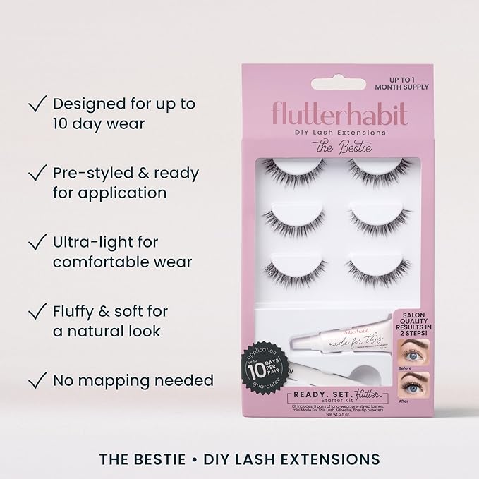 FlutterHabit Bestie Ready Set Starter Kit, DIY Eyelash Extensions, Lash Clusters for Women, Professional Quality At Home Eyelash Extension Kit, Natural False Lashes, 3 Lash Sets, Lash Glue Included