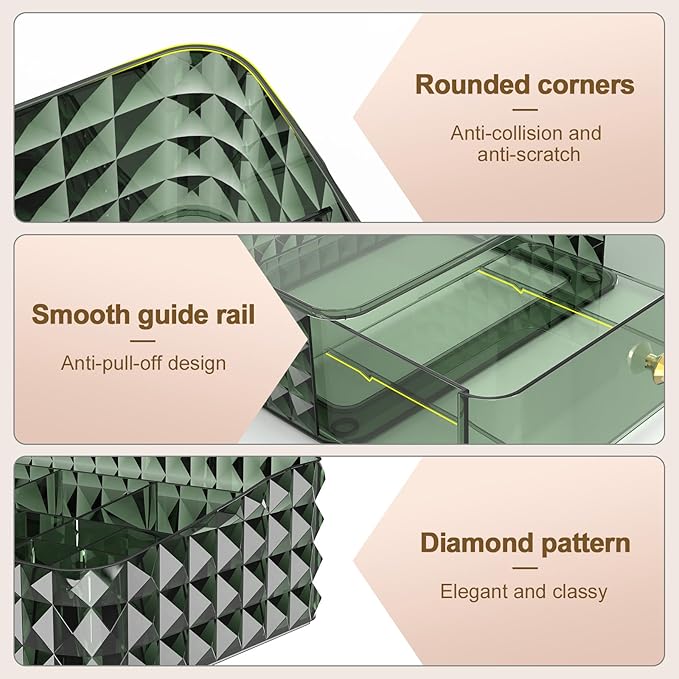 Makeup Organizer for Vanity, Stackable Cosmetics Organizer and Storage, Cosmetic Display Cases with 2 Drawers and 1 Tray for Makeup Brush, Hair Accessories, Lipstick and Jewelry, Green