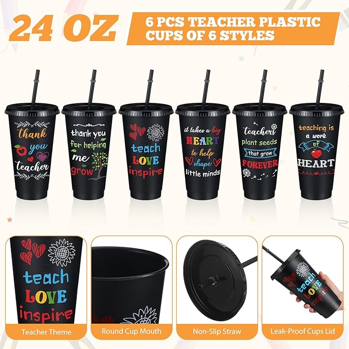 24 Pcs Teacher Appreciation Gift from Students 2025 Teachers' Day Thank You Gifts Bulk 24 oz Plastic Tumbler Cup Makeup Cosmetic Bag with Zipper Crew Sock Keychain for Retirement(Classic)