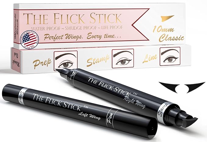 Winged Eyeliner Stamp, 2 x Black Liquid Eyeliner Pens, Easy Cat Eye Stencil Makeup Tool, SmudgeProof & Waterpoof Eye Liner, Vamp Wing, Wingliner (10mm Classic, Midnight Black)