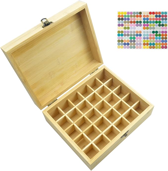 Pure Vie Bamboo Essential Oil Storage Box Travel Organizer Case with Bottle Cap Label - Aromatherapy Nail Polish Fragrance Container, Holds 30 Bottle for 5-15ml - Keep Scented Oil Safe & Space Saver