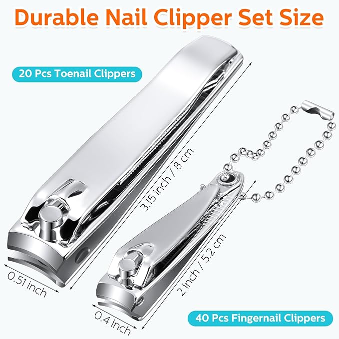 Lasnten 60 Pcs Nail Clipper Set Stainless Steel Fingernail and Toenail Clippers Individually Wrapped Nail Cutters Bulk, Large and Small