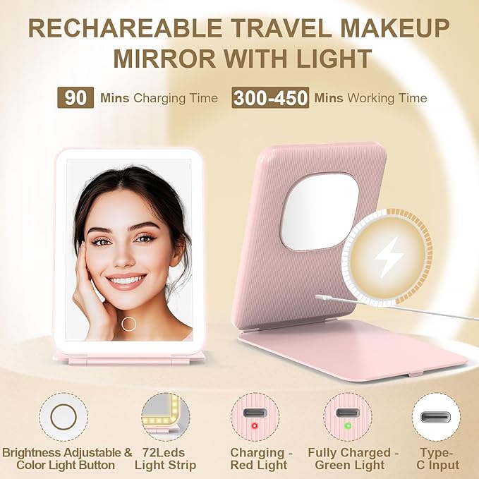 LED Foldable Travel Makeup Mirror - 5x6 inches3 Colors Light Modes USB Rechargeable Touch Screen, Portable Tabletop Cosmetic Mirror for Travel, Cosmetic, Office (Pink)