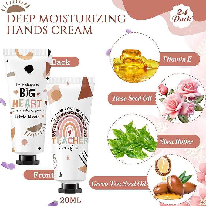 24 Sets Teacher's Day Teacher Appreciation Gifts Include Hand Cream Bulk Organza Bags Thank You Tags Inspirational Gift for Women Girls Party Supplies