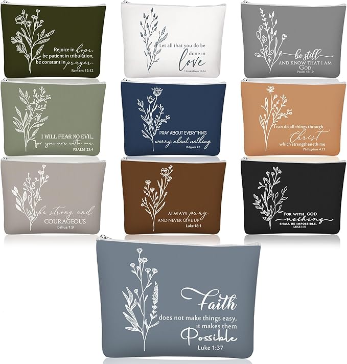 10Pcs Christian Gifts for Women Religious Cosmetic Bags Inspirational Bible Verse Pencil Pouch Canvas Makeup Bags Bulk with Zipper for Mother Sister Church Favors