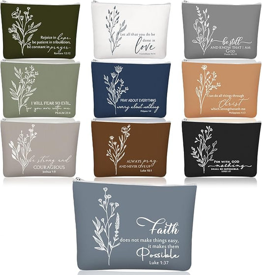 10Pcs Christian Gifts for Women Religious Cosmetic Bags Inspirational Bible Verse Pencil Pouch Canvas Makeup Bags Bulk with Zipper for Mother Sister Church Favors