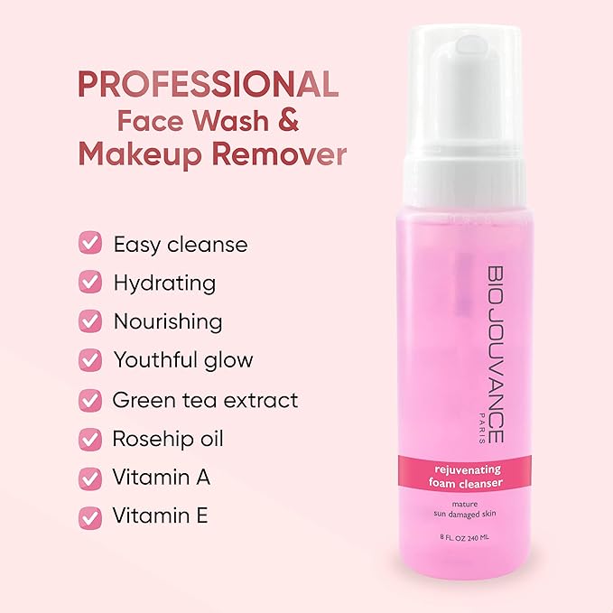 Rejuvenating Foaming Facial Cleanser 8oz / 240ml - For Mature/Sun Damaged Skin | Gentle Foam Face Wash & Makeup Remover | Daily Skin Care Treatment Regimen | Made in France