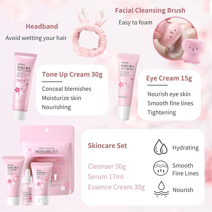 Skin Care Set Sakura Mother's Day Gifts for Mom - Skin Care for Teens 10-12 Gifts Japan - Skincare for Girls 10-12 - Gift Set for Women with Cleanser,Serum,Cream(One Size, 8PCS Sakura Scent)