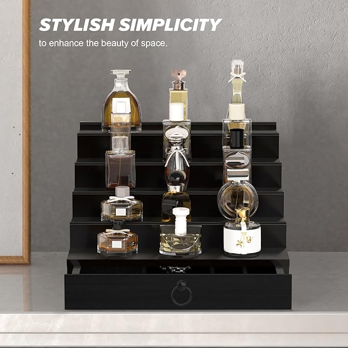 Cologne Organizer for Men, 5 Tier Black Cologne Shelf, Perfume Stand with Drawer and Hidden Compartment Perfume Display Holder - A Gift for Men