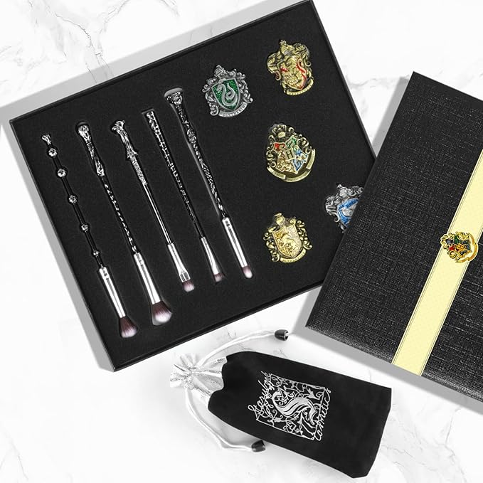 Harry Makeup Brushes with 5 Wizardary School Houses Pins, Potter Makeup Brushes Gift Set for Women Girls, Christmas Birthday Gifts for Kids