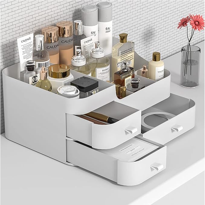 skin care organizer,Makeup Desk Organizer With Drawers ,Countertop Organizer for Cosmetics,Vanity brush with Holder for Lipstick, Brushes, Eyeshadow, and Desktop Finishing Dresser (A-Large-White)