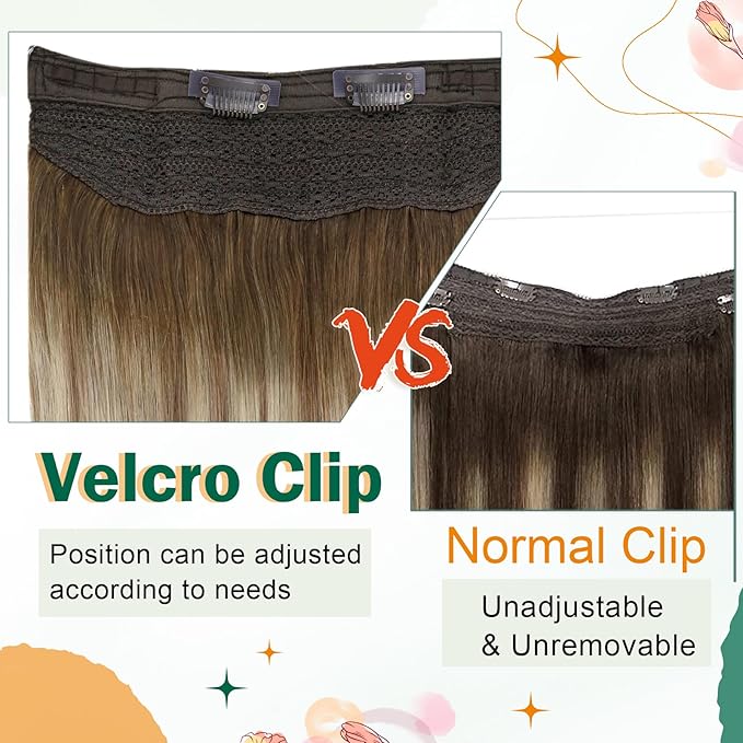 Easyouth Wire Human Hair Extensions Balayage Invisible Wire Extensions Real Human Hair Dark Brown Ombre Light Brown with Blonde Real Hair Wire Extension with Clips for Thinning Hair 18Inch 80G