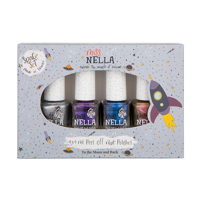 MISS NELLA SPACE COLLECTION Metallic Nail Polish for kids, set of 4 varnishes: silver, bronze, purple & blue, Peel- Off varnish for toddlers