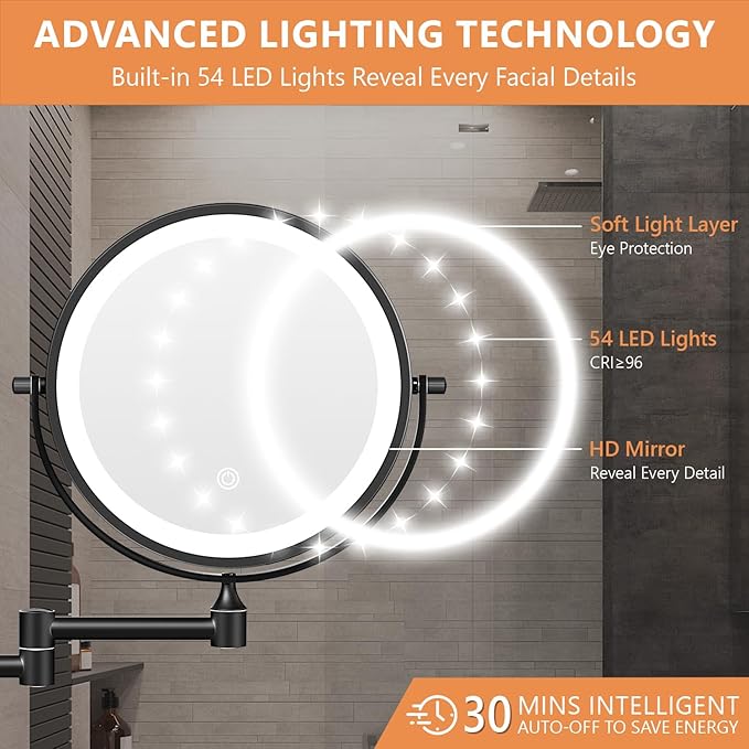 1X/20X Wall Mounted Makeup Mirror with Light, 8" Double-Sided Magnifying Mirror, 3 Color Lights Touch Dimmable Vanity Mirror with 360° Extension Rotation Foldable 14.5 Inch Arm for Bathroom