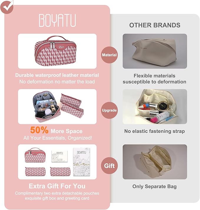 BOYATU Travel Makeup Bags for Women: Large Capacity Cosmetic Bag Set of 3 - Vegan Leather Make up Bags with Compartments - Wide Open Waterproof Toiletry Organizer Bag with Handle (E-03-Red)