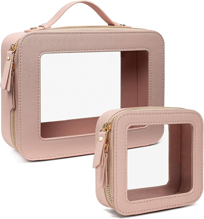 Clear Makeup Bags TSA Approved Toiletry Bag Handle Large Opening,Clear Toiletry Bags for Carry-on Traveling Travel Car Accessories Essentials Organziation Storage Women Girls(Nude Pink, Mini&Large)