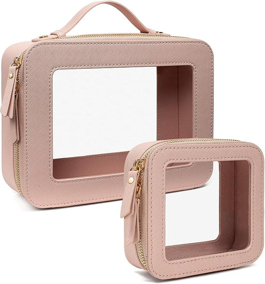 Clear Makeup Bags TSA Approved Toiletry Bag Handle Large Opening,Clear Toiletry Bags for Carry-on Traveling Travel Car Accessories Essentials Organziation Storage Women Girls(Nude Pink, Mini&Large)