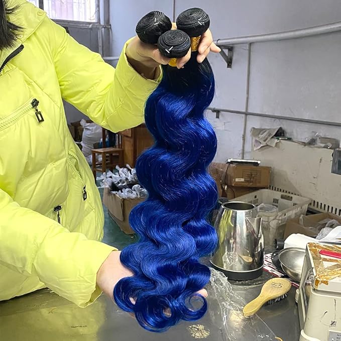 Blue Human Hair Bundles with Closure 100% Remy Brazilian Body 1b/blue Ombre 3Bundle with Closure Hair Unprocessed 10A Virgin Human Hair for Women(16"18"20"+14closure, Body 1b/Blue)