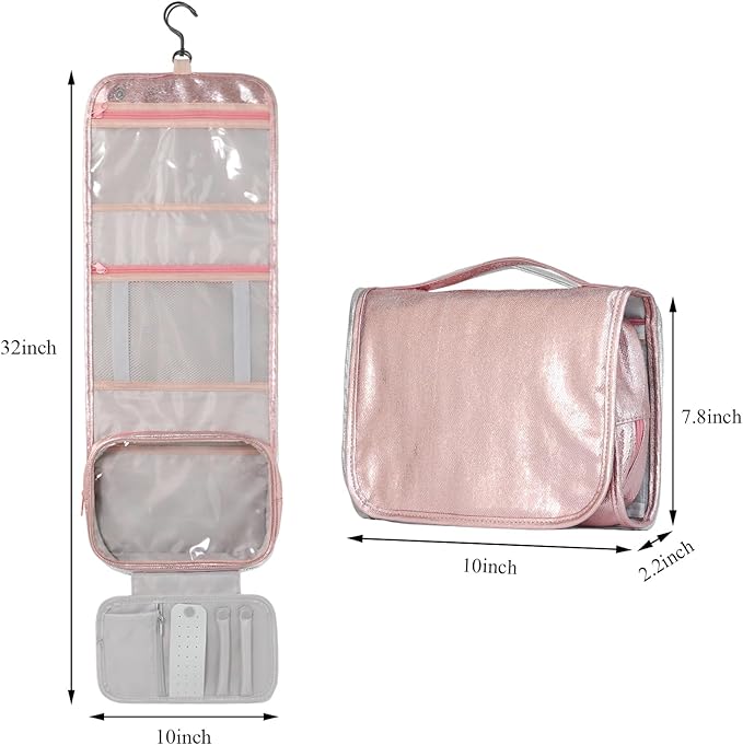 Travel Toiletry Bag for Women,Hanging Travel Toiletry Bag with Jewelry Organizer Compartment,Makeup Bag, Waterproof and Dirt Resistant, Travel Essentials,Bright Pink