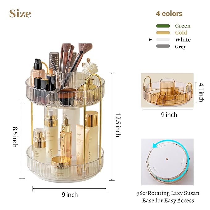 Aveniee 360 Rotating Makeup Organizer for Vanity, Upagraded Perfume Skincare Bathroom Counter Organizers with Brush Divider, Two Tier Spinning Lipstick Cosmetic Makeup Lotion Storage Organizer(White)