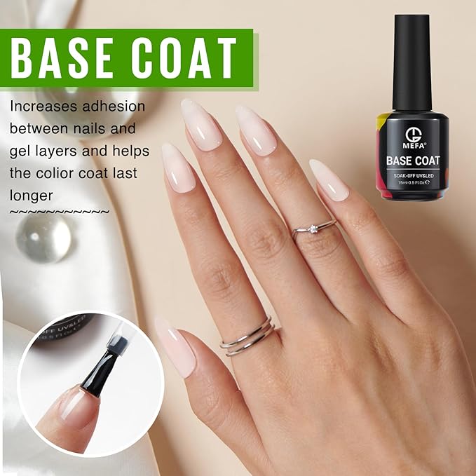 MEFA 2 Pcs 15ml Gel Top Coat and Base Coat Set, No Wipe Gel Nail Polish Base and Top Coat, Long Lasting Glossy Shine Effect Soak Off LED Nail Lamp Art DIY Manicure Holiday Gifts