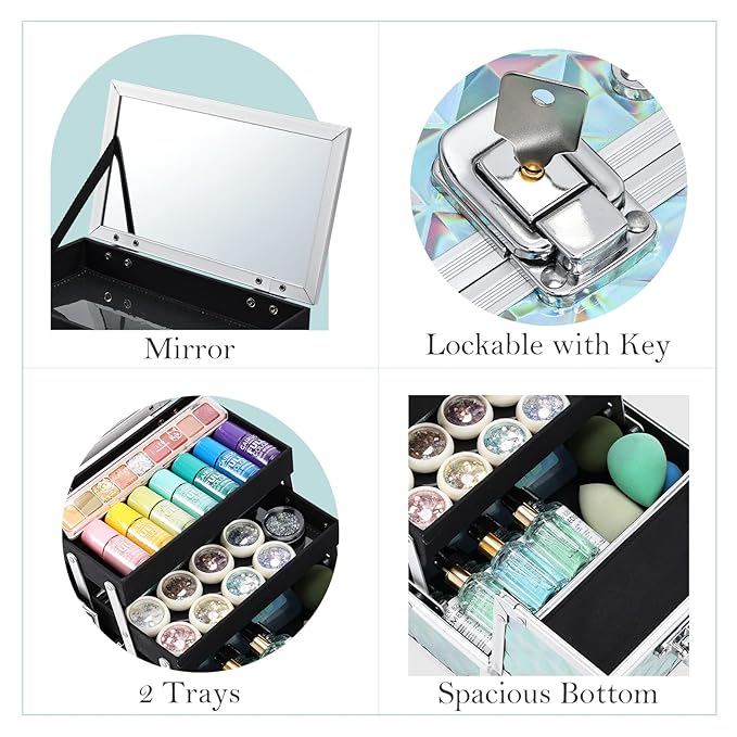 FRENESSA Makeup Case Portable Makeup Box Organizer Travel Cosmetic Case Storage with Mirror Locking Make Up Cases Organizers and Storage for Artist Nail Supplies Cosmetology Case Vanity Case Blue