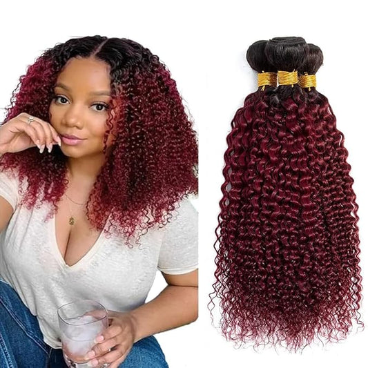 Ombre 1B99J Deep Curly Weave Bundles Human Hair Burgundy Curly Hair Bundles Black to Burgundy Human Hair two tone Brazilian Weave Wet and Wavy for Woman 16-20 Inch