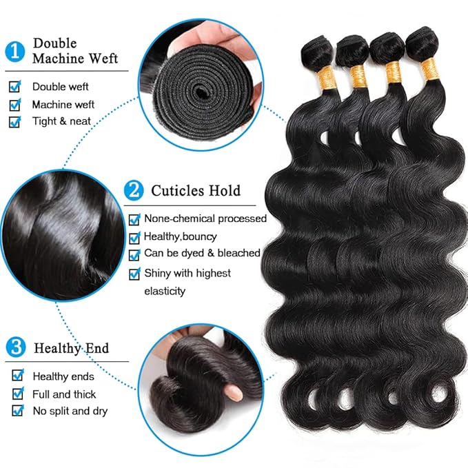 Cirvty 12A Human Hair Bundles Body Wave Bundles Human Hair Brazilian Human Hair 4 Bundles 22 24 26 28 inch 100% Unprocessed Virgin Hair Weave Deals Body Wave Human Hair Extensions Natural Black Color