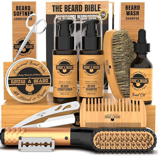 Beard Straightener Grooming Kit for Men, Beard Growth Kit, Wash, Brush & Comb, Unscented Growth Oil, All Natural Chanel Balm, Conditioner, Razor & Scissors, Great Gift Idea for Men's (Bamboo)