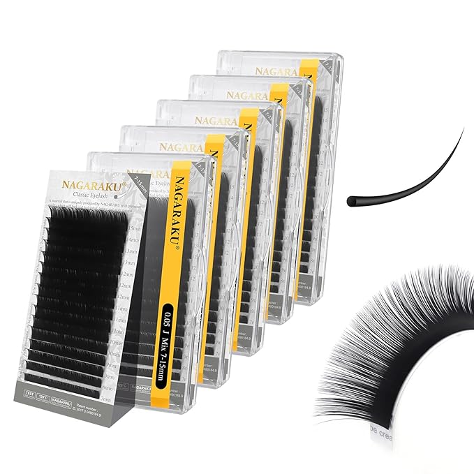 NAGARAKU 5 Trays Eyelash Extensions Individual Lashes Extensions Classic Lash Matte Black 16 Rows Soft Natural Matte Black Professional Beauty Salon Lashes Supplies -0.05J MIX7-15