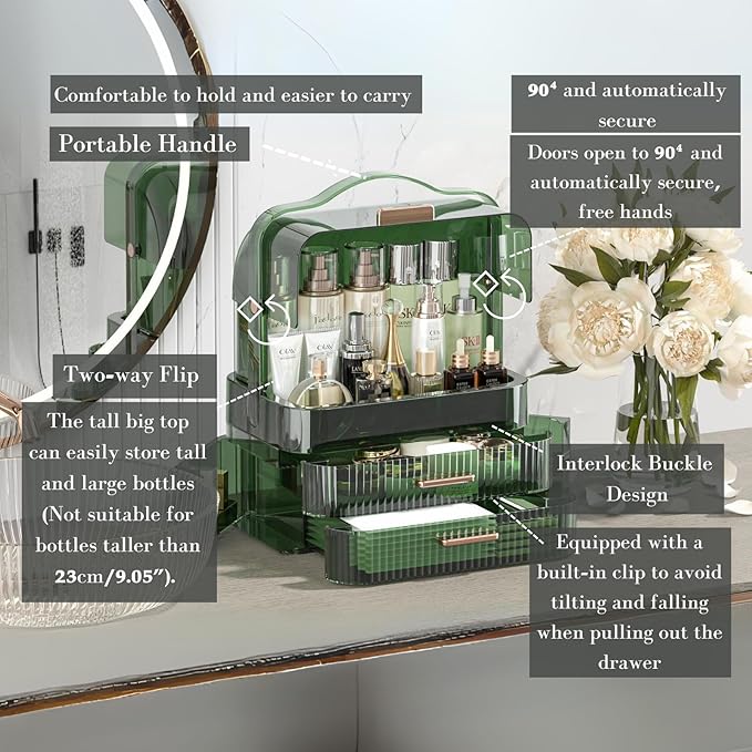 LINFIDITE Cosmetics Storage Box Transparent Lid Large Makeup Organizer Box Drawers Portable Handle Waterproof Dustproof Skincare Display Cases for Countertop, Bathroom, Dresser,Gift Clear Green