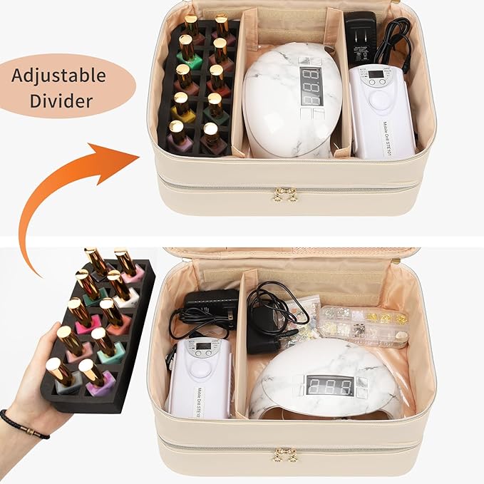 Ethereal Nail Polish Organizer Case, Leather Nail Polish Bag Holds 50+ Bottles (5ml/0.5fl.oz) and Nail Lamp, Nail Storage Organizer with Compartment, Leather White