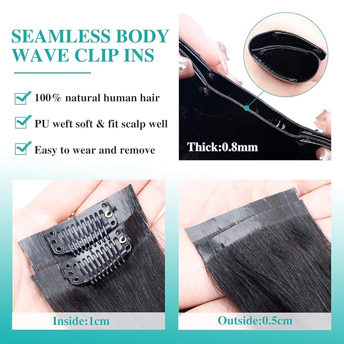 Seamless Clip In Hair Extensions Real Human Hair Invisible PU Skin Weft Body Wave Clip Ins 100% Unprocessed Brazilian Remy Human Hair Extensions 7pcs with 16Clips 100g（Natural Black,14 inch）