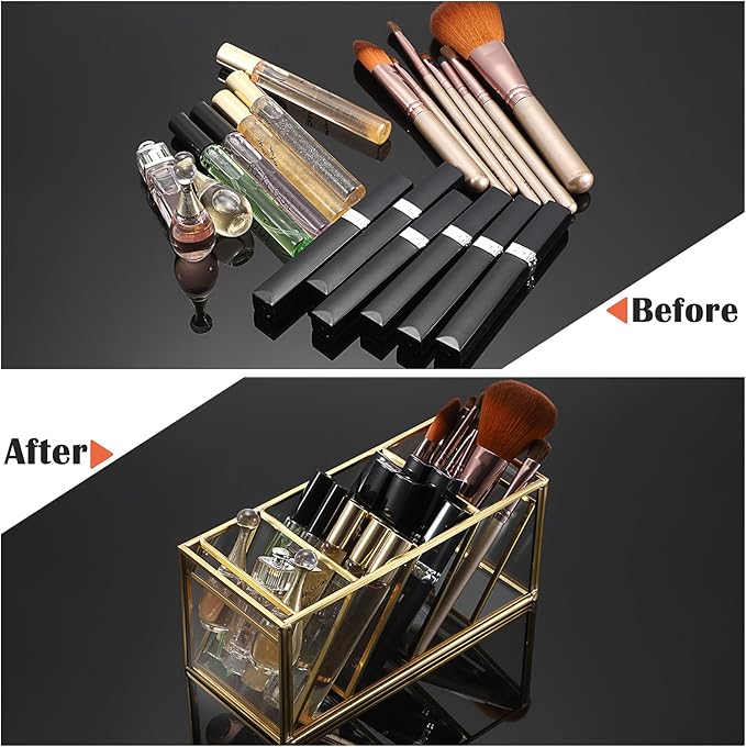 ELLDOO Rollerball Perfume Organizer, 4 Compartment Clear Glass Perfume Storage Holder Vintage Beauty Scent Holder, Metal Makeup Lipgloss Lipstick Display Case