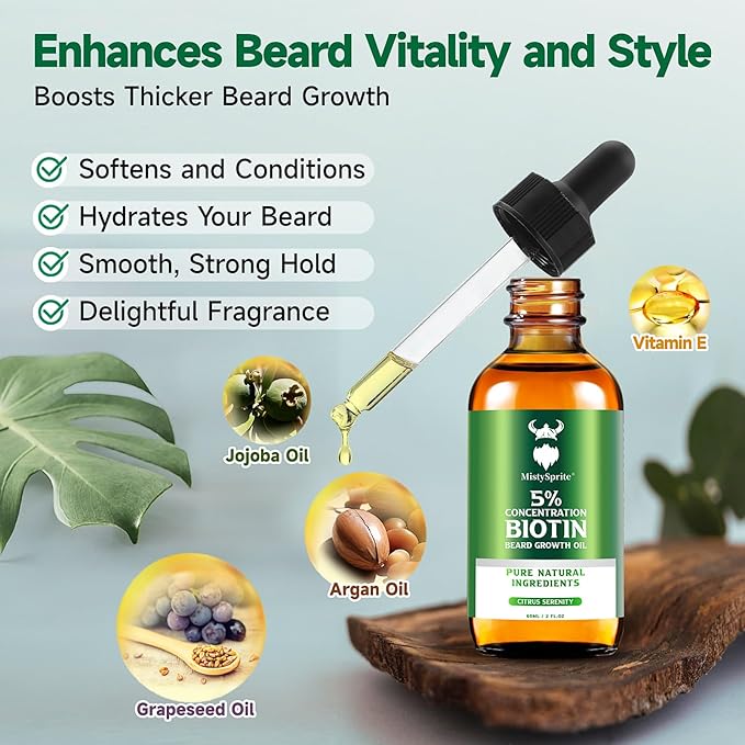 Beard Growth Oil - 5% Concentration Biotin Beard Oil for Men (2 oz) - Natural Mens Beard Oil with Argan Oil, Jojoba Oil and Vitamin, Beard Growth Softener, Moisturizer (Citrus Serenity)