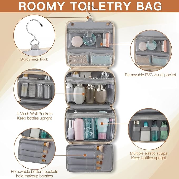 Elviros Hanging Travel Toiletry Bag for Women, 3-in-1 Large Makeup Bag and Cosmetic Organizer, Vegan Leather Waterproof Skincare Case for Travel Size Toiletries and Accessories