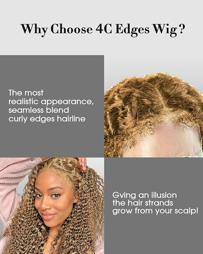 4C Edges HD Lace Front Wig Human Hair Honey Blonde Kinky Curly Wig, 13x4 Lace Frontal Kinkycurly Wigs with 4C Kinky Edges Hairline Pre-Plucked 180% Density 24 inch