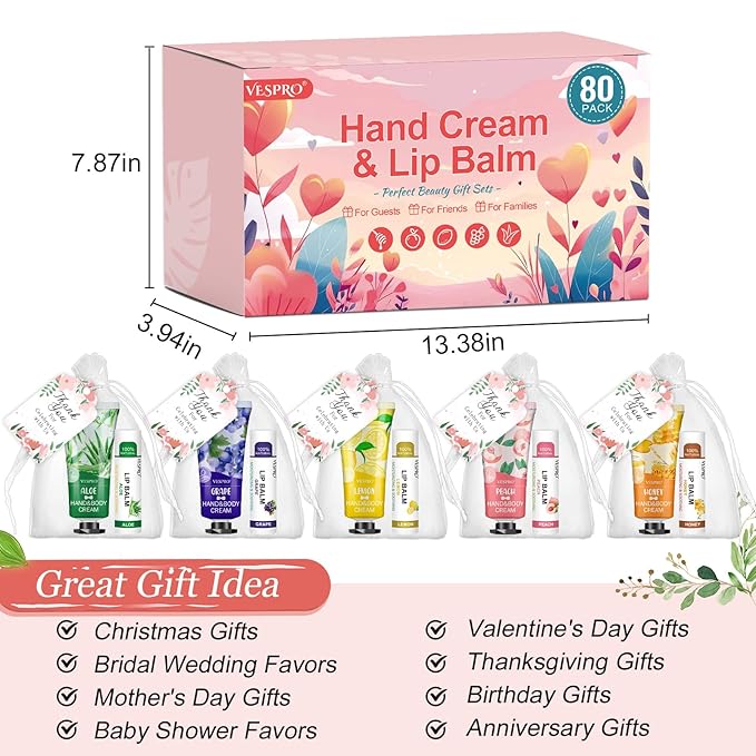 80 Sets Bulk Hand Cream and Bulk Lip Balm Gifts, Mothers Day Gifts, Baby Shower Party Favors and Bridal Shower Gifts for Guests with Thank You Card Organza Bags, Teacher Appreciation Gifts for Women