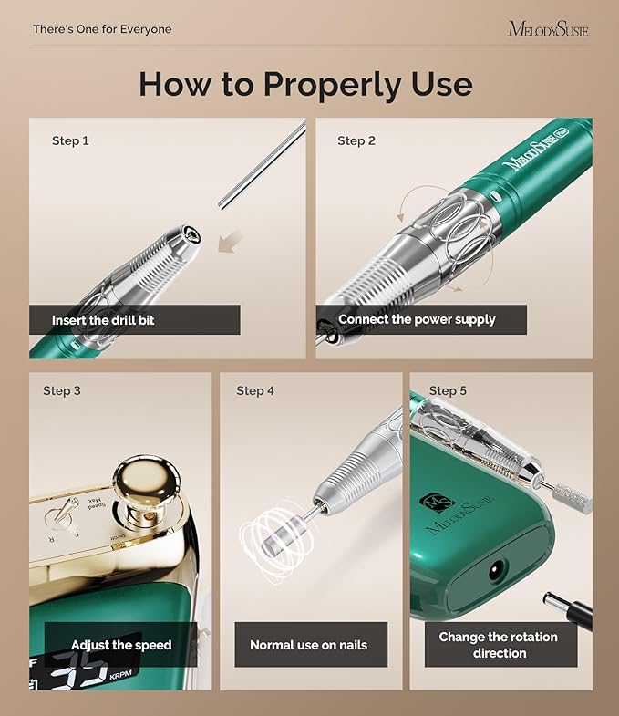 MelodySusie MB450C Nail Drill Machine, Professional E File for Acrylic Nail, 35000RPM Rechargeable Cordless Portable Electric Nail File 8 Nail Drill Bit Set - Jade Plus