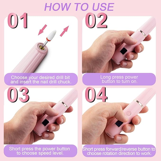 Professional Nail Drill Kit；Rechargeable Electric Nail Filer for Acrylic Nail File，Cordless Nail File Electric for Beginners and Professionals Manicure and Pedicure Set with Rechargeable，Pink