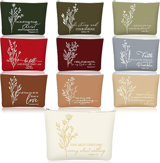 10Pcs Christian Gifts for Women Religious Cosmetic Bags Inspirational Bible Verse Pencil Pouch Canvas Makeup Bags Bulk with Zipper for Mother Sister Church Favors