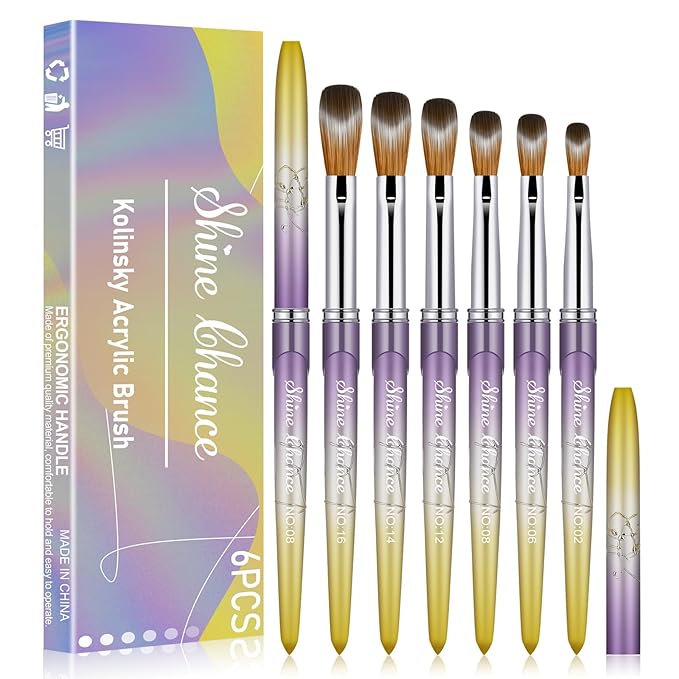 6Pcs Acrylic Nail Brushes Set, Kolinsky Acrylic Nail Art Brush, Art Design & Polish Mistake Cleaning Manicure Tools for Women Acrylic Application (Size 2 6 8 12 14 16), Yellow